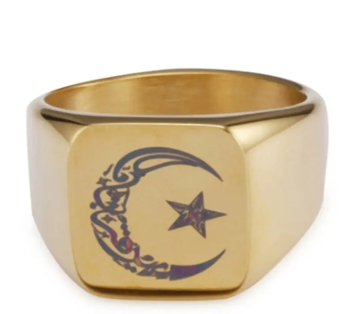 Bague - Bijoux - Motif Croissant de Lune & Soleil - Plaqué Or 18 Carats